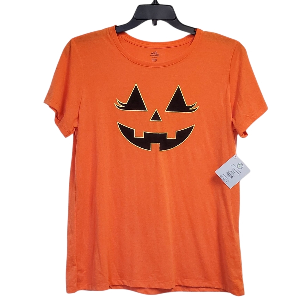 NWT Celebrate Halloween Women's Orange Pumpkin Face T-Shirt Size L (12-14)